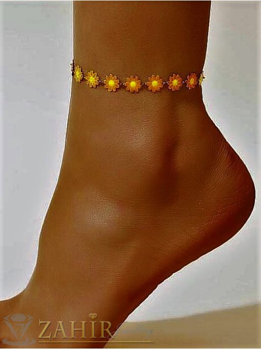 Дамски бижута - Червени маргаритkи на позлатена стоманена гривна за крак или ръка топ верижка, регулируеми с удължител - GK1387
